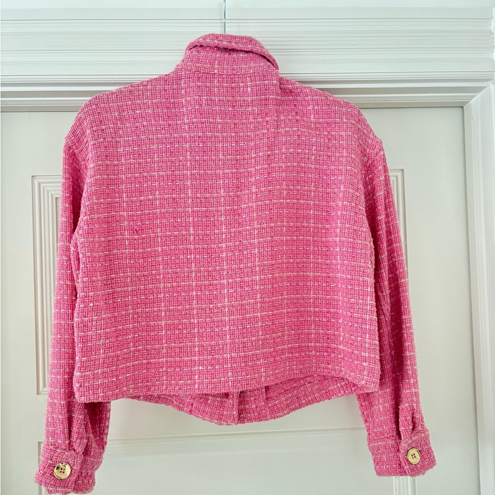 Zara Pink Tweed Cropped Jacket/Blazer | Size: S - Picture 3 of 3